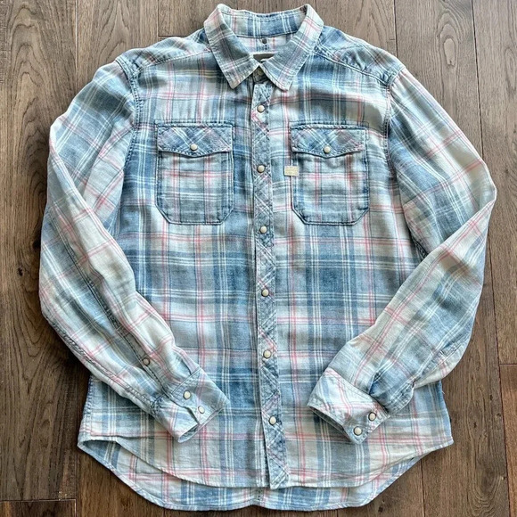 G-Star Raw Landoh Pearl Snap Faded Plaid Button Down Shirt Size L Western Blue - Picture 2 of 9